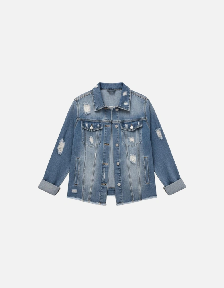Sky Blue Lapel Distressed Raw Hem Buttons Denim Jacket