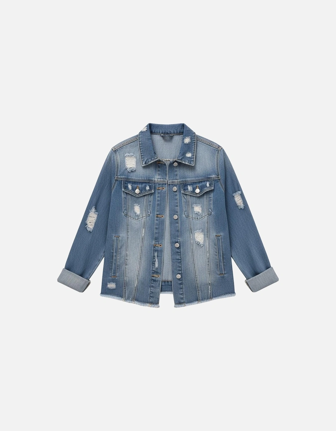 Sky Blue Lapel Distressed Raw Hem Buttons Denim Jacket, 17 of 16