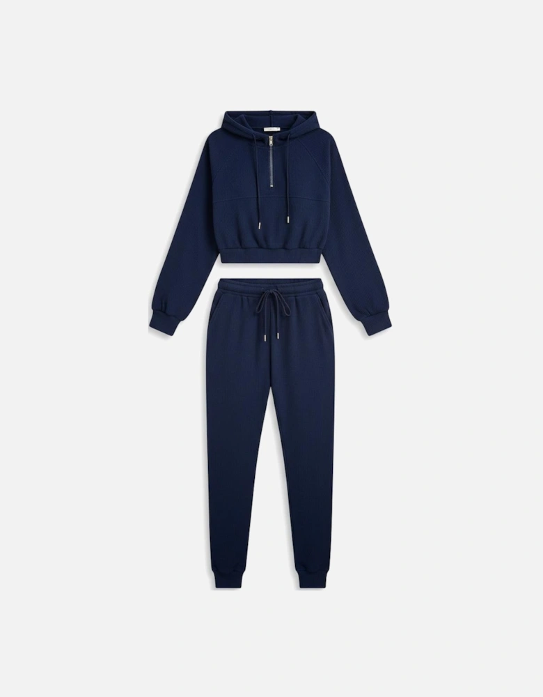 Navy Blue Ribbed Knit Cropped Hoodie and Drawstring Joggers Set