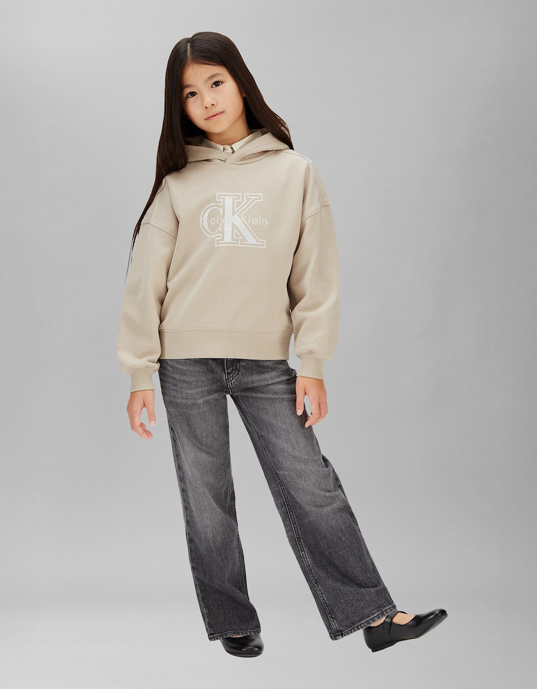 Girls Velvet Monologo Hoodie in Beige