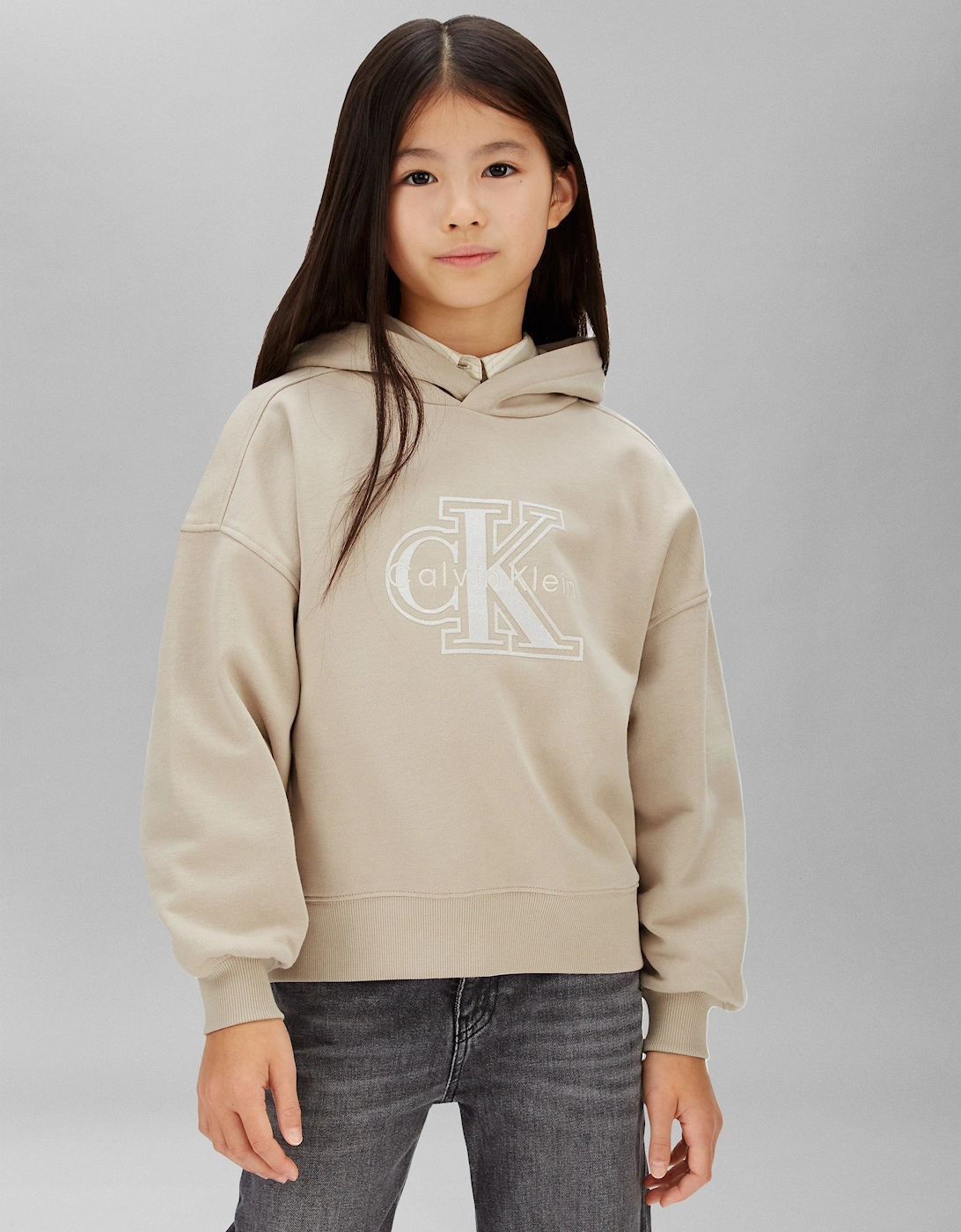 Girls Velvet Monologo Hoodie in Beige