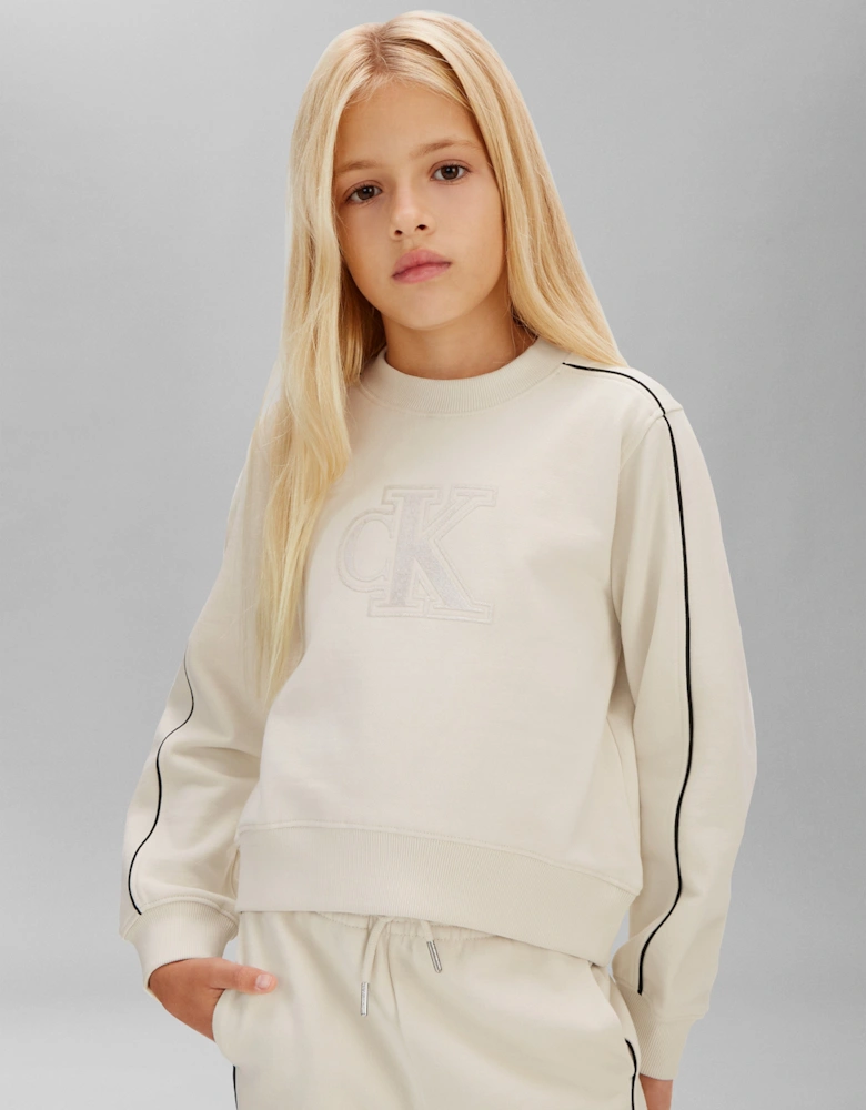 Girls Cotton Terry Piping Tracksuit in Ivory