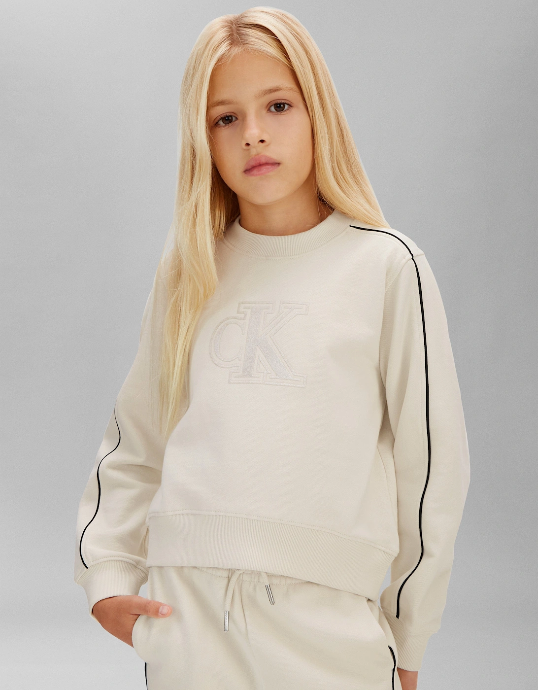 Girls Cotton Terry Piping Tracksuit in Ivory