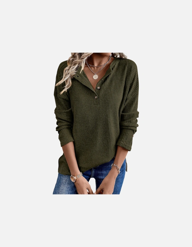 Jungle Green Rib Textured Henley Knit Top