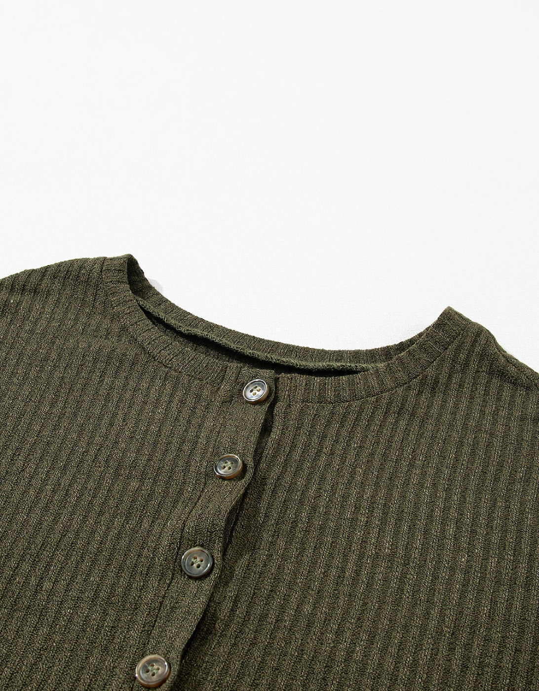 Jungle Green Rib Textured Henley Knit Top