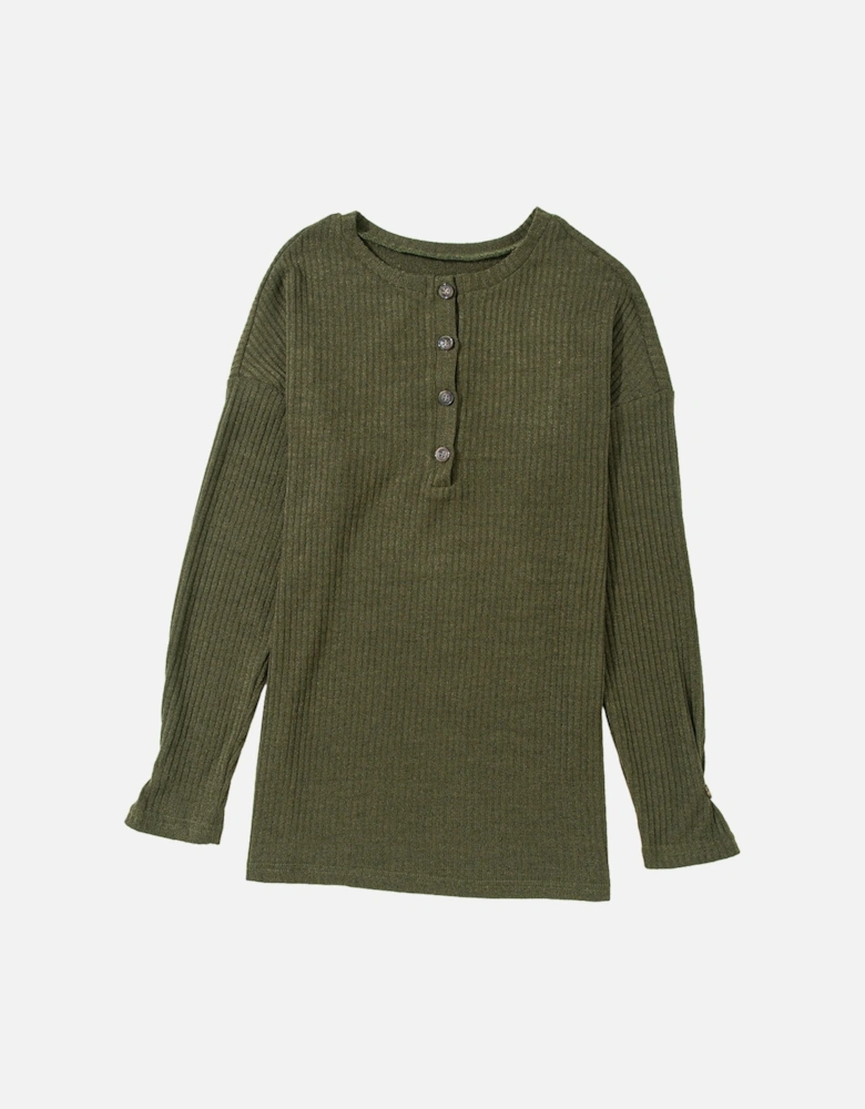 Jungle Green Rib Textured Henley Knit Top