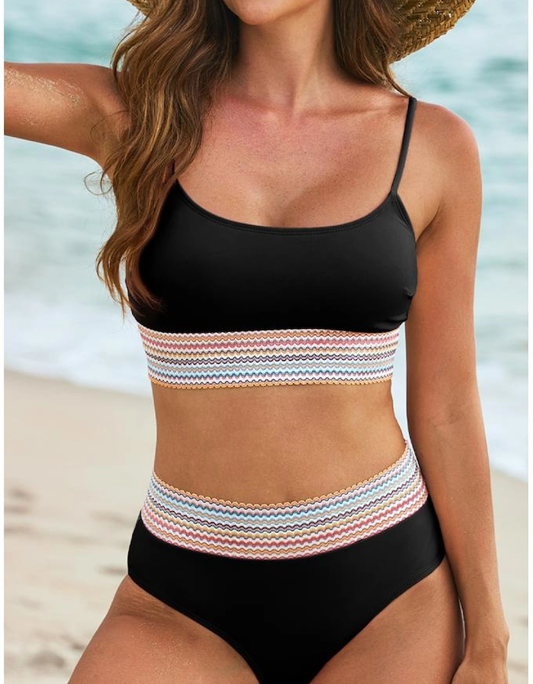 Black Striped Patchwork Spaghetti Strap High Waist Bikini Swimsuit