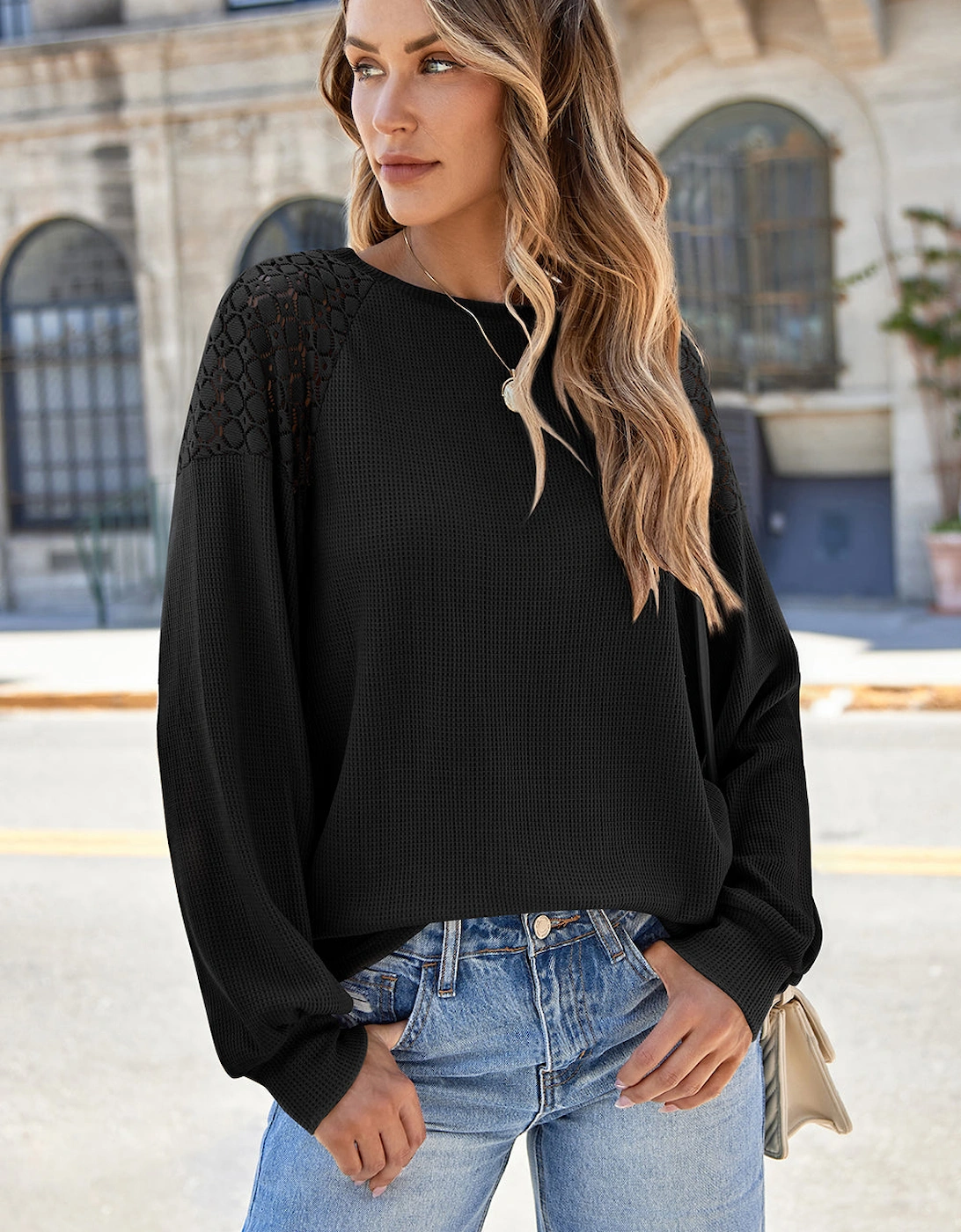 Black Lace Long Sleeve Textured Pullover
