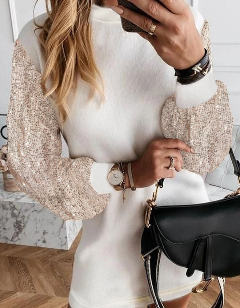 White Sequin Puff Sleeve Shift Mini Dress