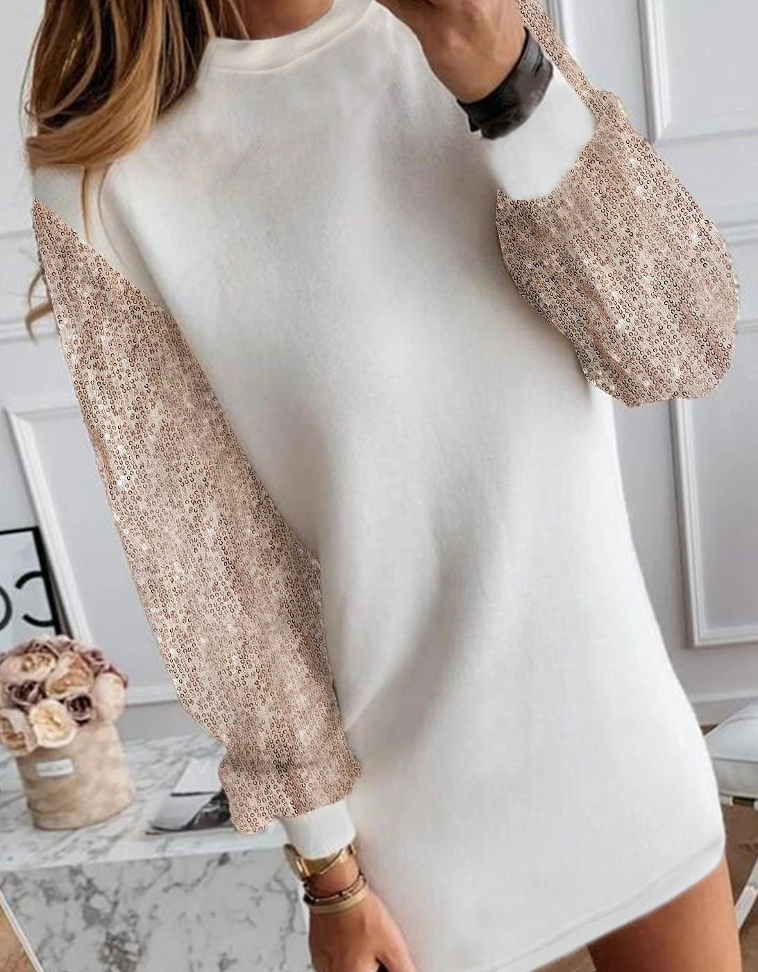 White Sequin Puff Sleeve Shift Mini Dress