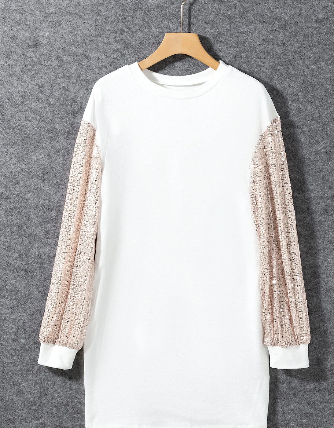 White Sequin Puff Sleeve Shift Mini Dress