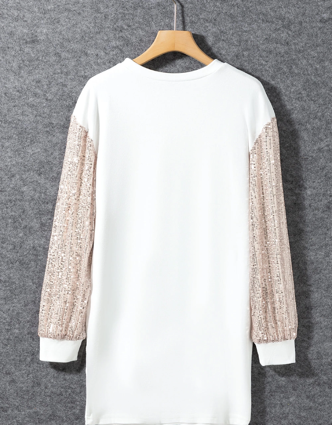 White Sequin Puff Sleeve Shift Mini Dress