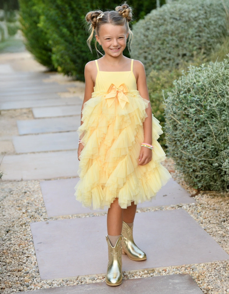 Angels Face Girls Cascade Waterfall Tulle Strappy Dress in Yellow