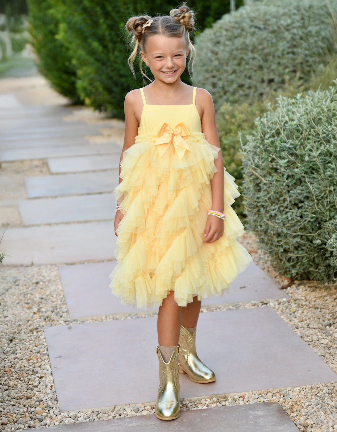 Angels Face Girls Cascade Waterfall Tulle Strappy Dress in Yellow