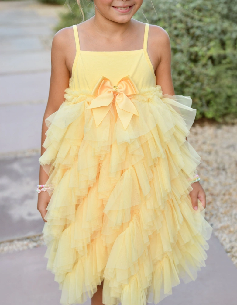 Angels Face Girls Cascade Waterfall Tulle Strappy Dress in Yellow