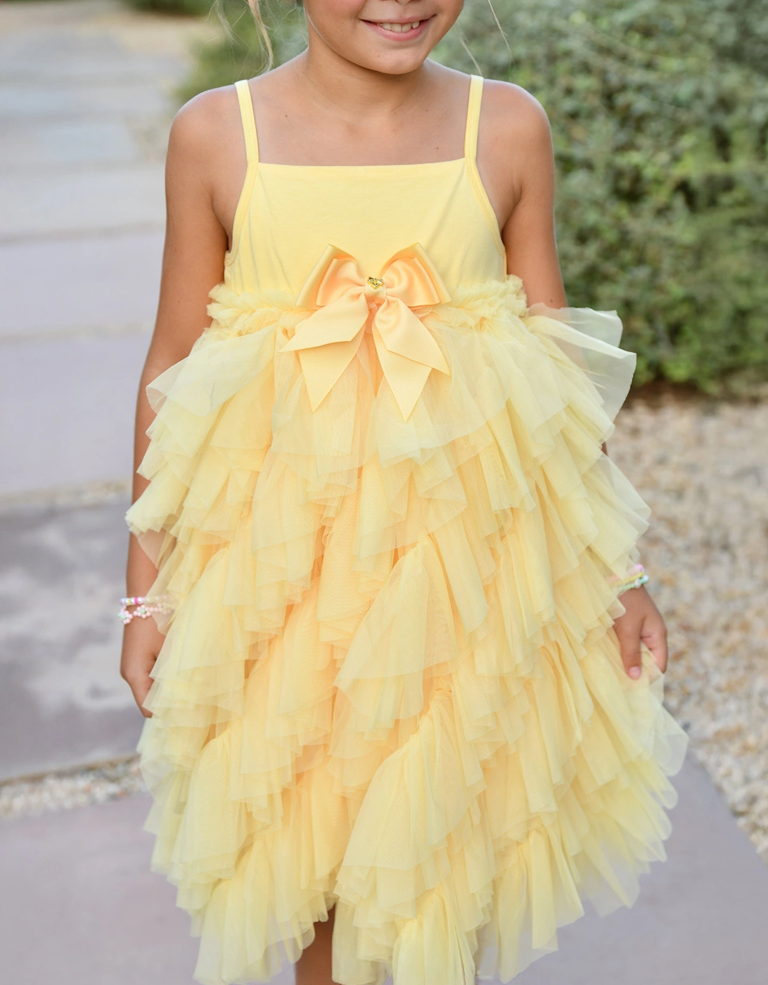 Angels Face Girls Cascade Waterfall Tulle Strappy Dress in Yellow