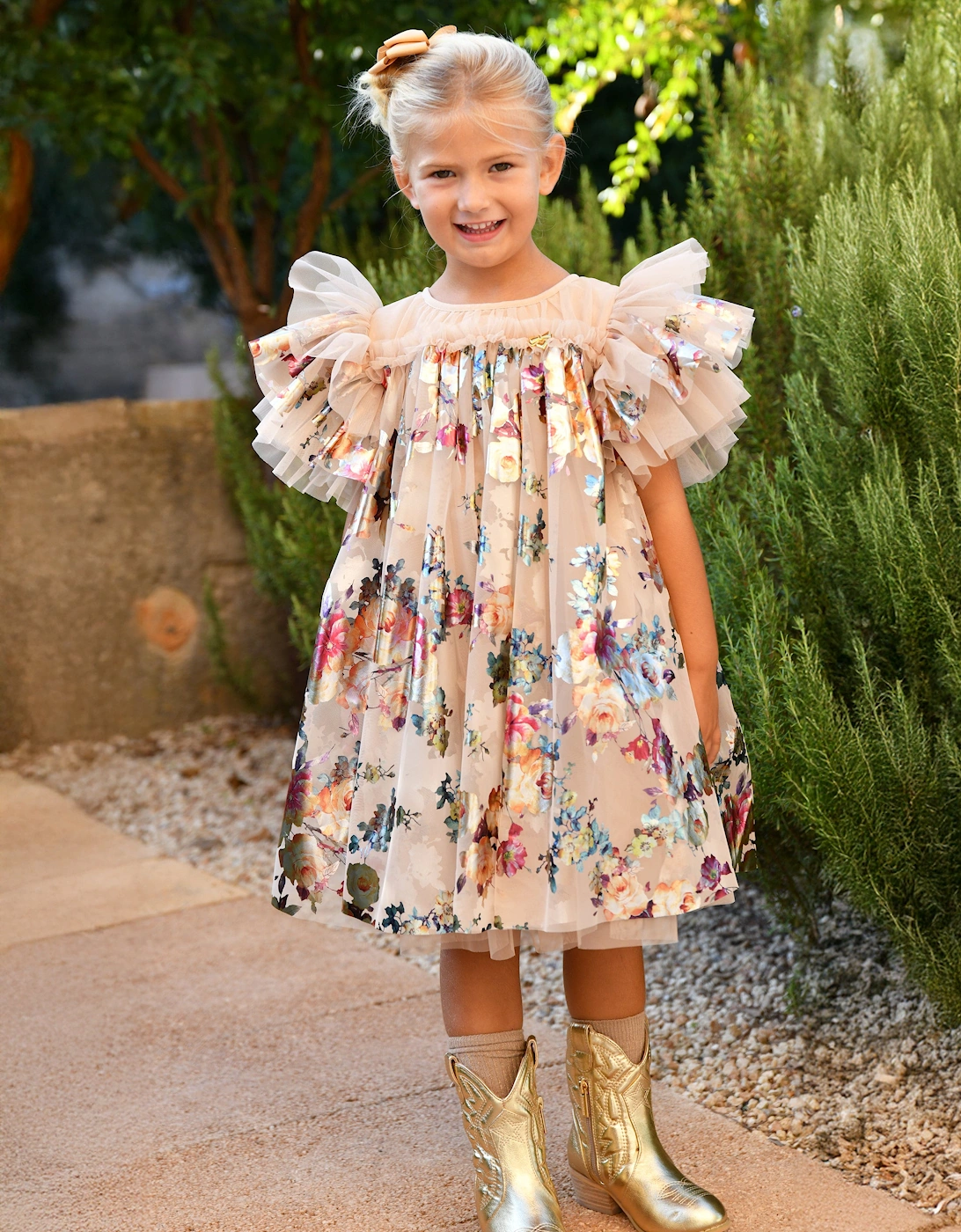 Angels Face Girls Marlowe Foil Floral Print Dress in Gold
