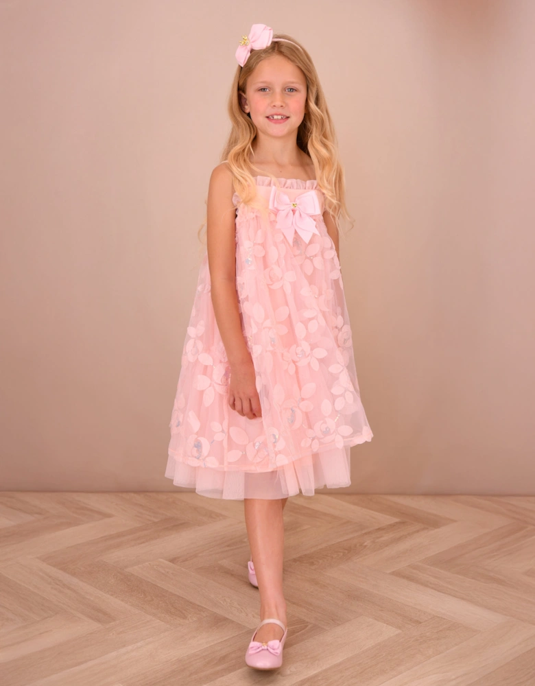 Angels Face Girls Lydia Embroidered 3D Bud Strappy Dress in Pink