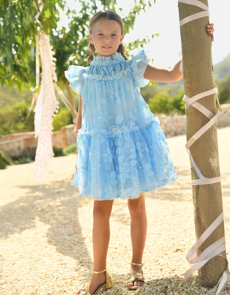 Angels Face Girls Marietta Embroidered 3D Bud Tulle Dress in Blue