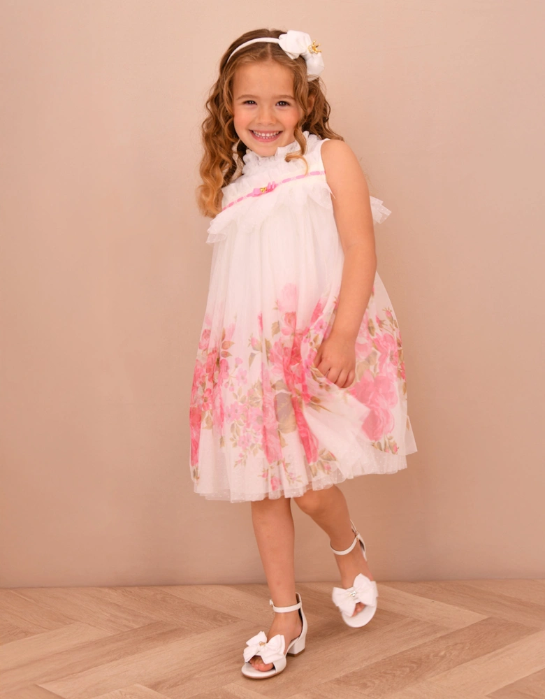 Angels Face Girls Mindi Border Print Tulle Dress in White
