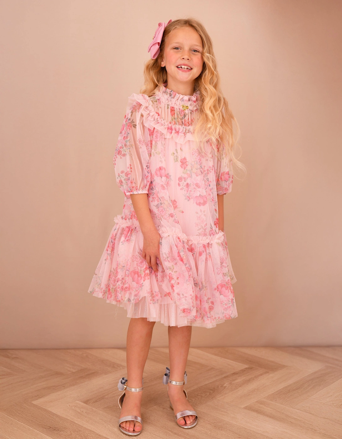 Angels Face Girls Myrtisa Posy Print Tulle Dress in Pink