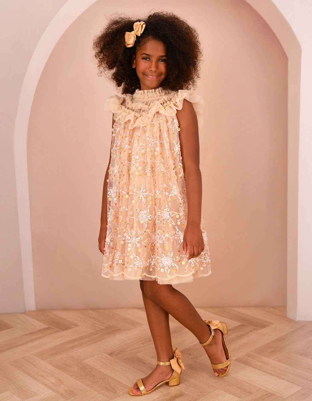 Angels Face Girls Dominique Flower Sequin Dress in Gold