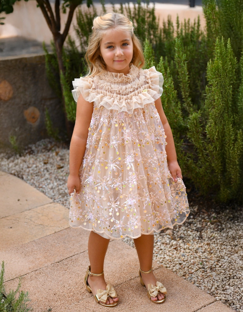 Angels Face Girls Dominique Flower Sequin Dress in Gold