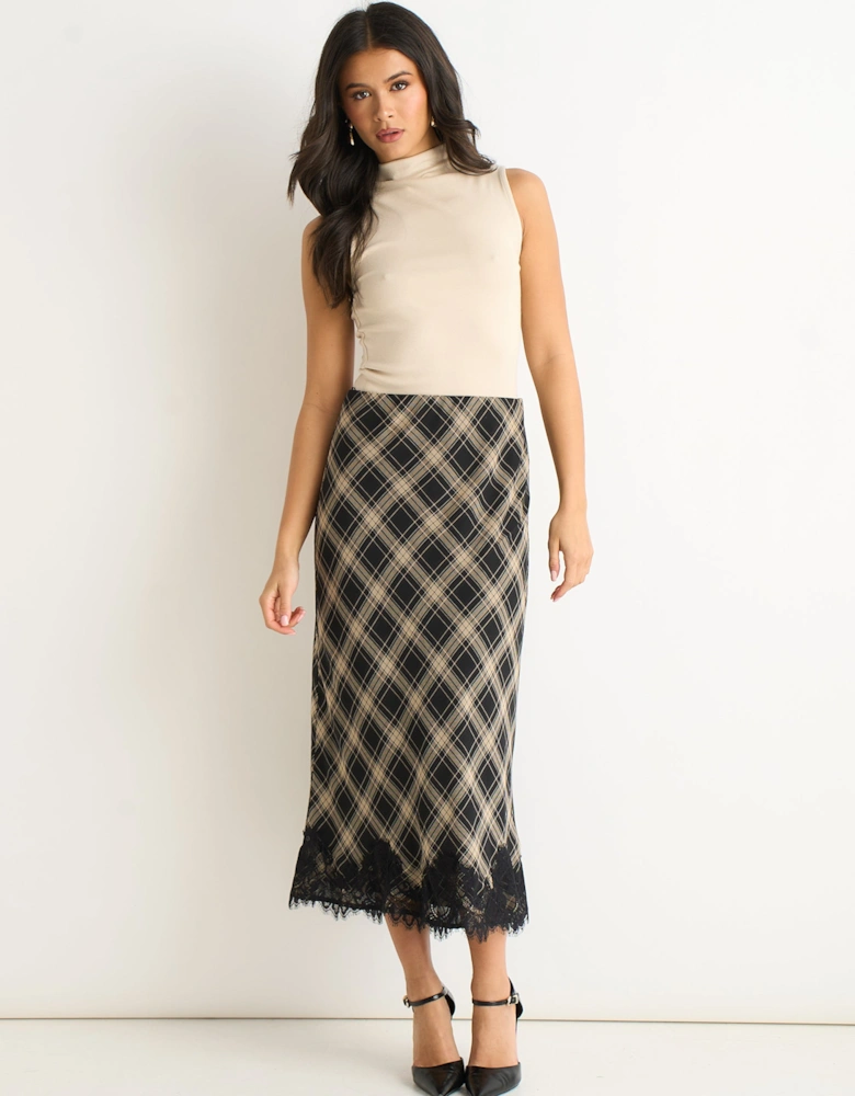 Mono Check Contrast Lace Bias Skirt