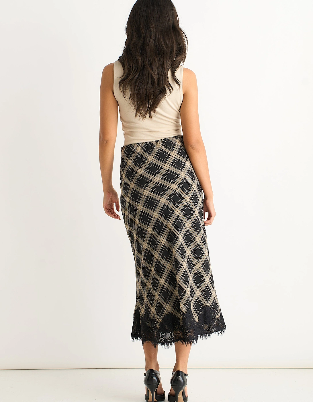 Mono Check Contrast Lace Bias Skirt