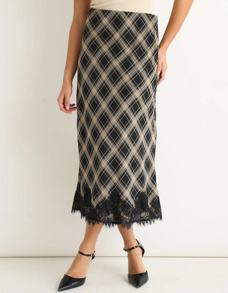 Mono Check Contrast Lace Bias Skirt