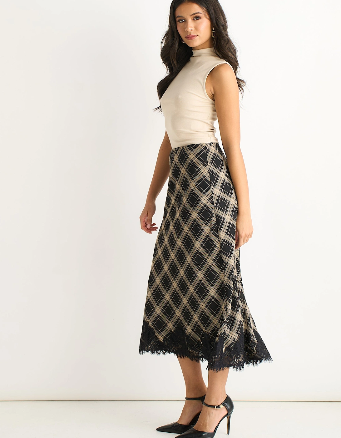 Mono Check Contrast Lace Bias Skirt