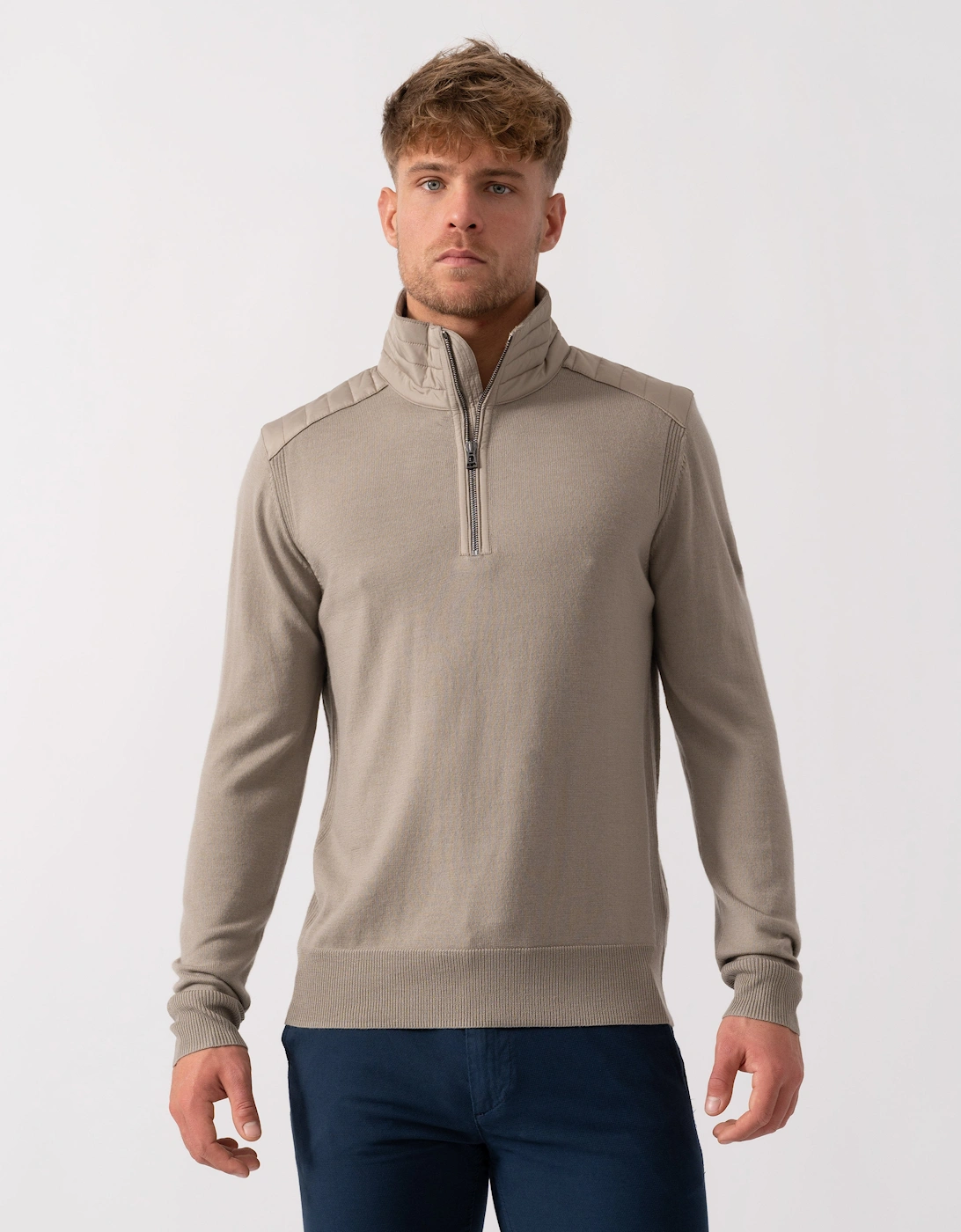 Belstaff Men's Cream Kilmington Merino Wool Quarter Zip Jumper - Dark Sand - Size: 40