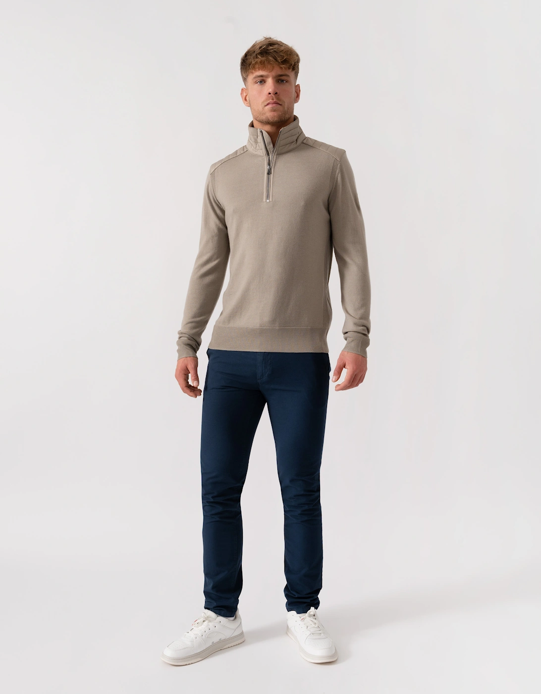 Kilmington Mens Merino Wool Quarter Zip Jumper - Dark Sand