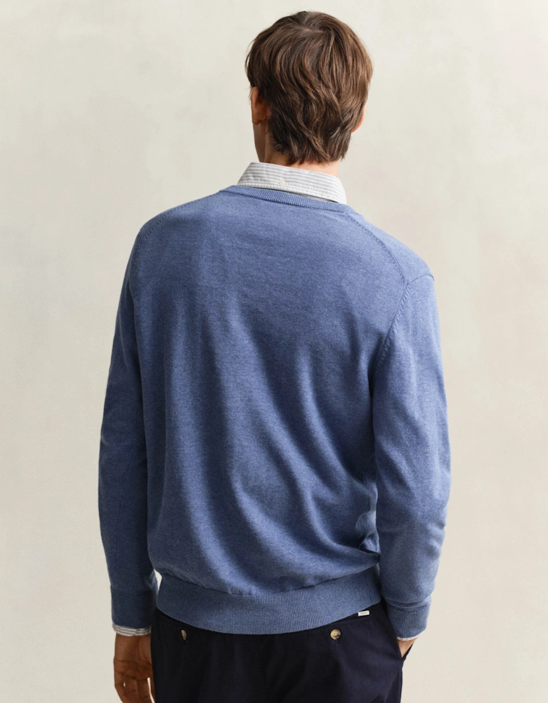 Mens Classic Cotton V-Neck Jumper - 906 Denim Blue Melange