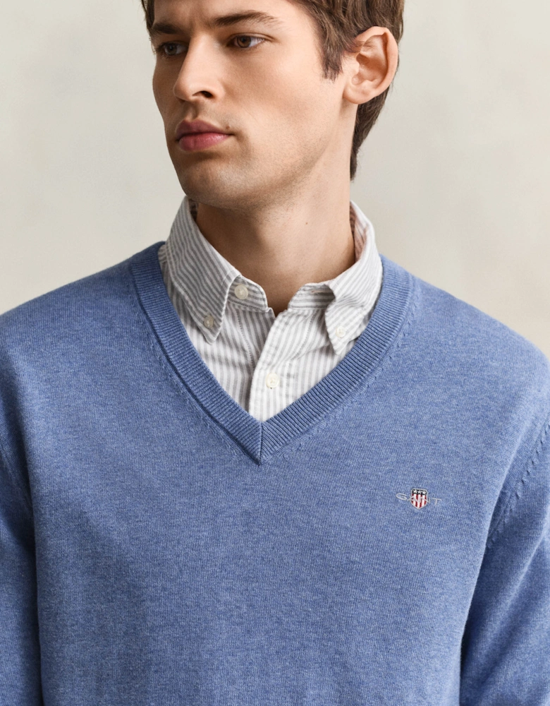 Mens Classic Cotton V-Neck Jumper - 906 Denim Blue Melange