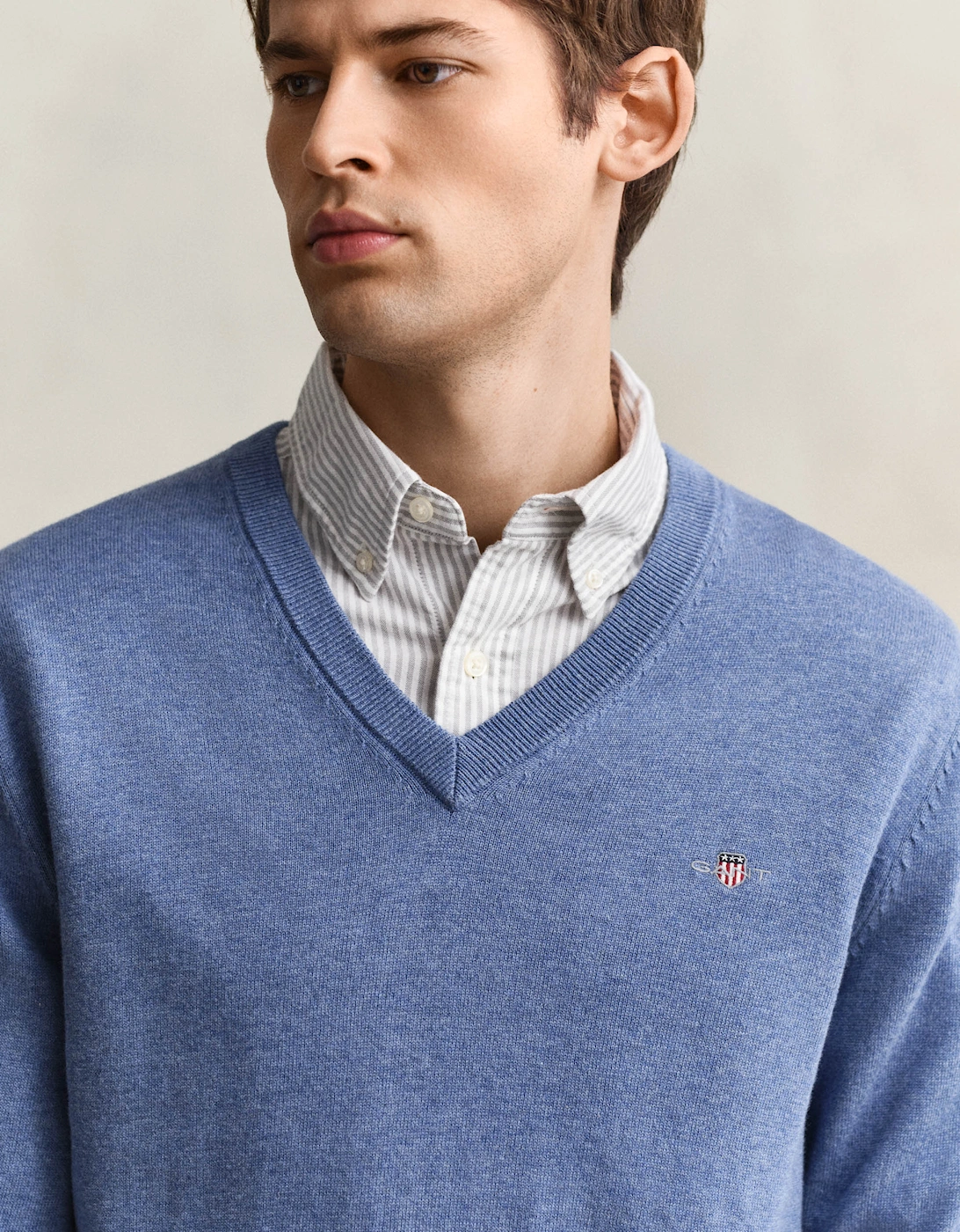 Mens Classic Cotton V-Neck Jumper - 906 Denim Blue Melange