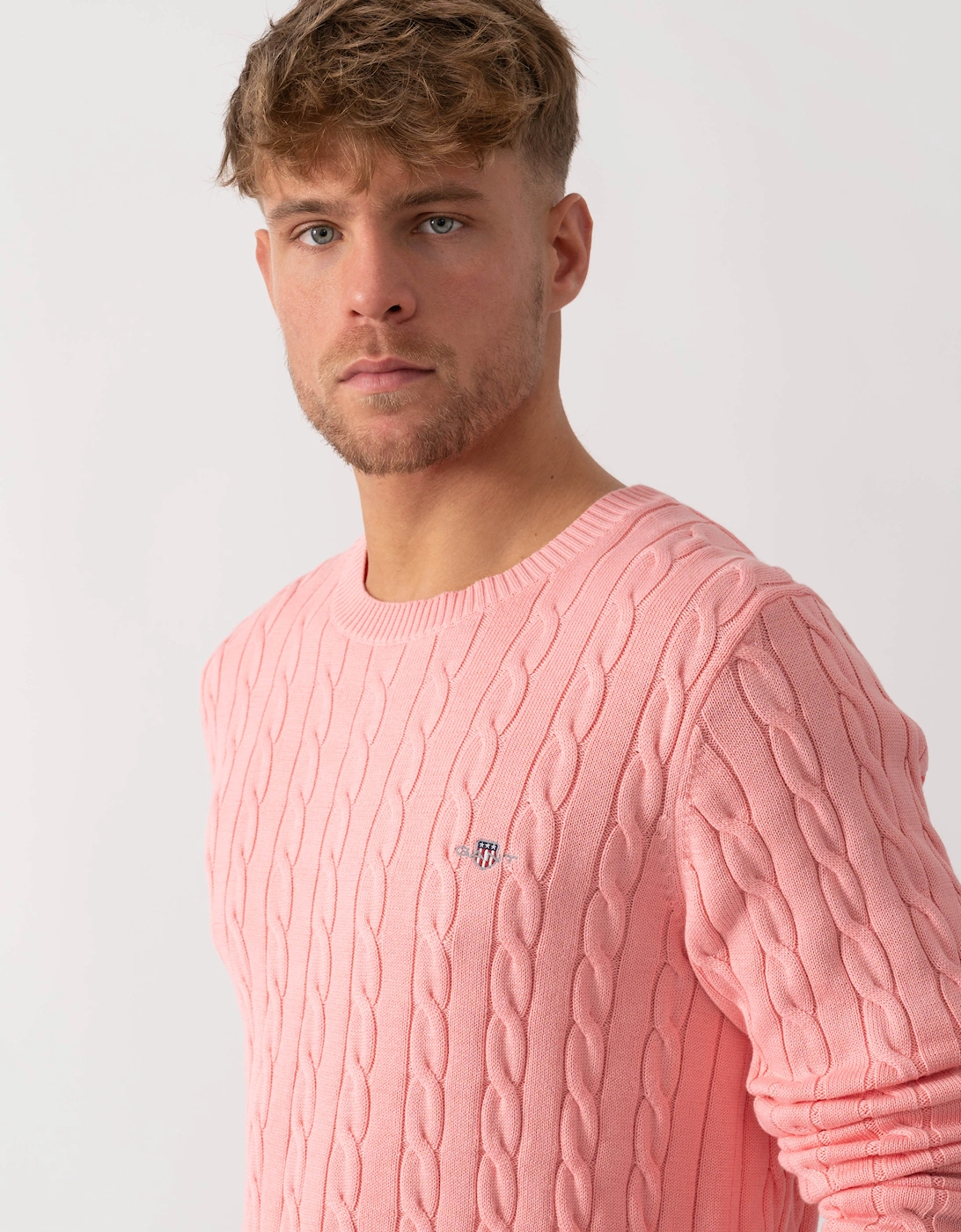 Mens Cotton Cable Knit Crew Neck Jumper - 666 Washed Pink