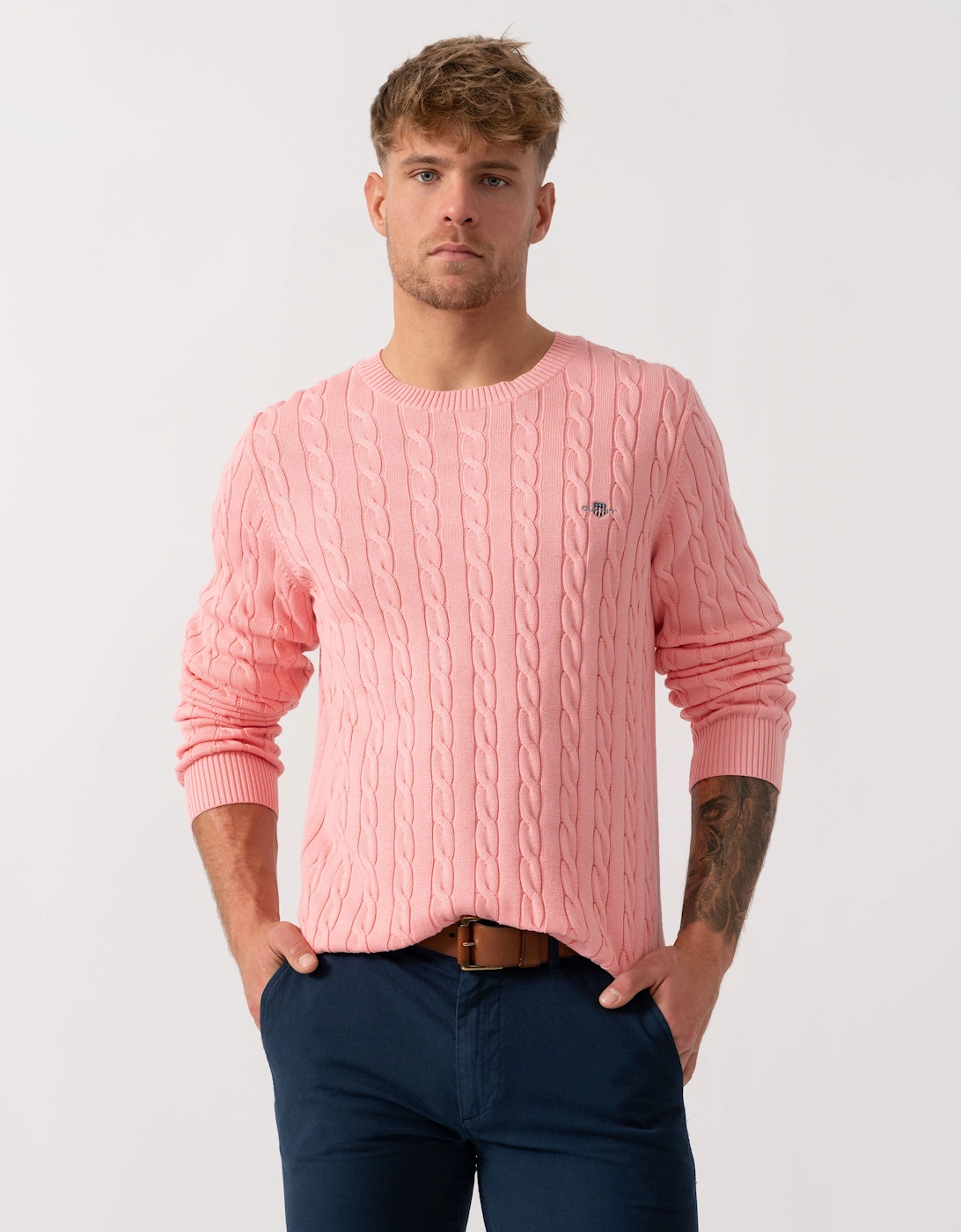 Gant Men's Washed Pink Cotton Cable Knit Crew Neck Jumper - 666 - Size: 42