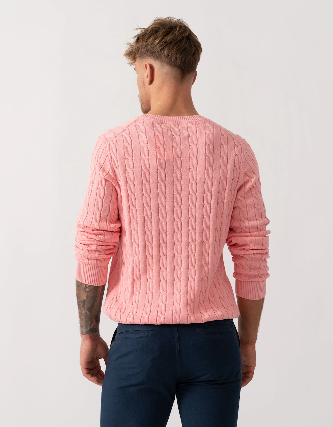 Mens Cotton Cable Knit Crew Neck Jumper - 666 Washed Pink