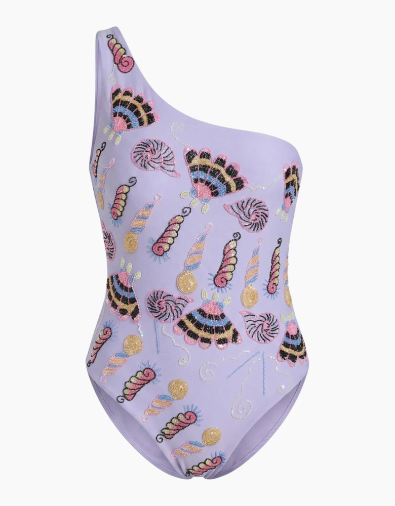 x Zandra Rhodes Nebula One Shoulder Swimsuit Lilac