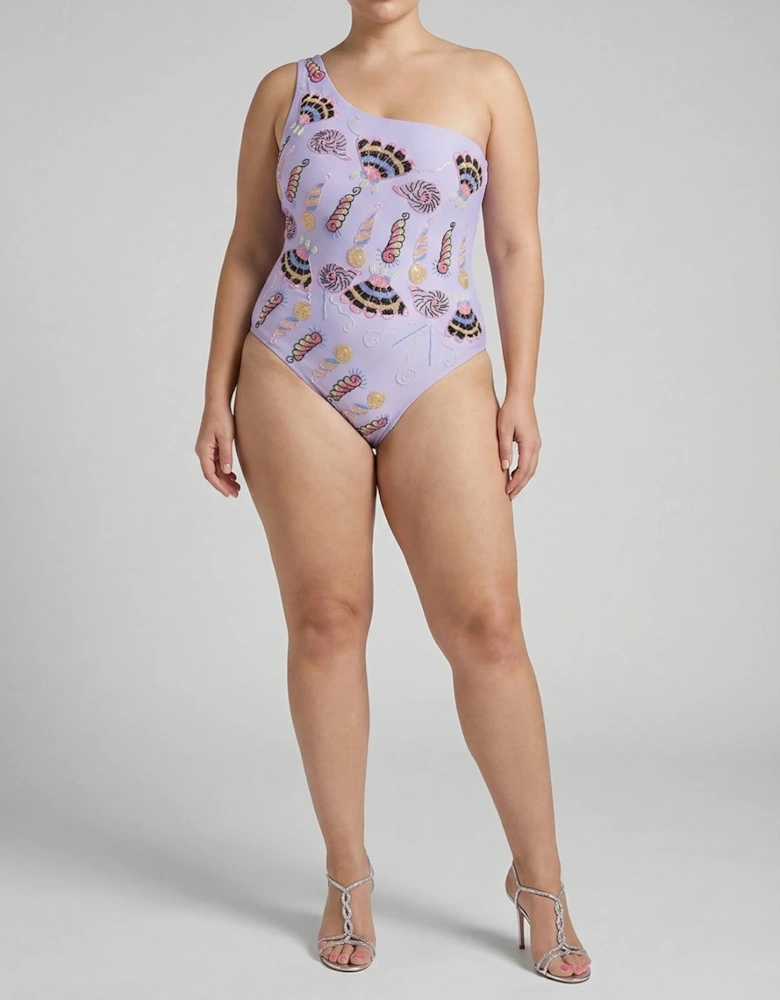 x Zandra Rhodes Nebula One Shoulder Swimsuit Lilac