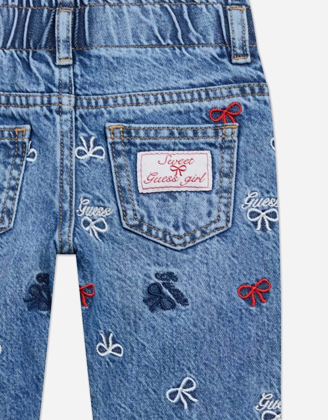 Girls Embroidered Bow Mom Jeans in Blue