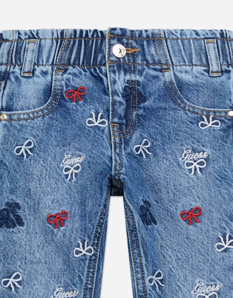 Girls Embroidered Bow Mom Jeans in Blue