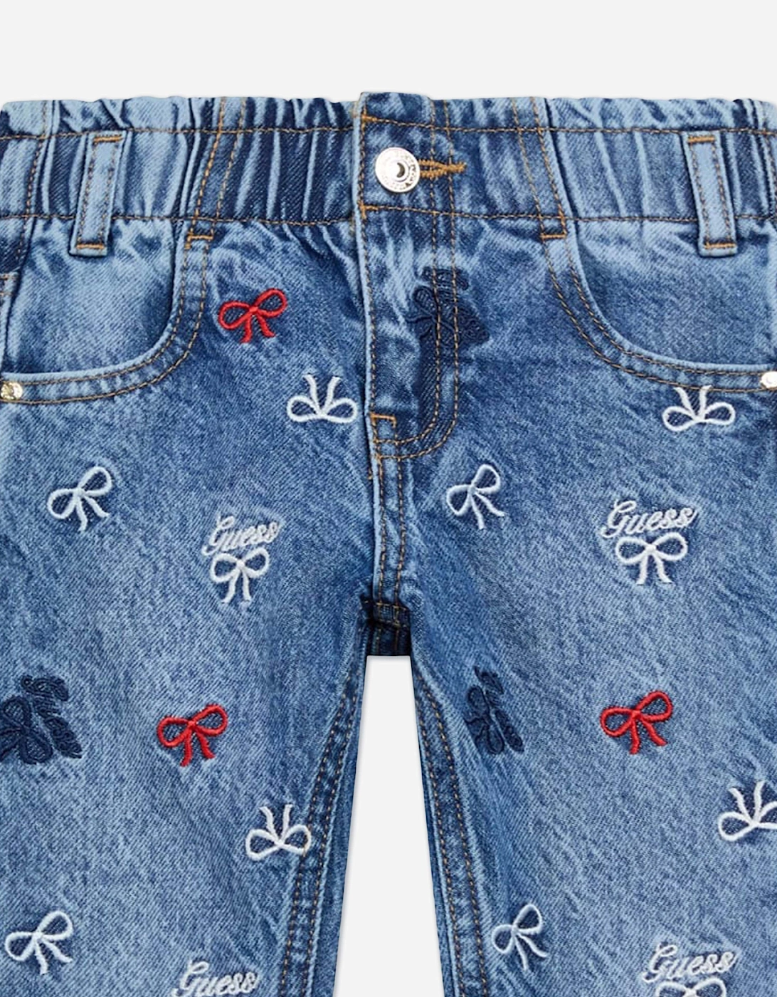 Girls Embroidered Bow Mom Jeans in Blue