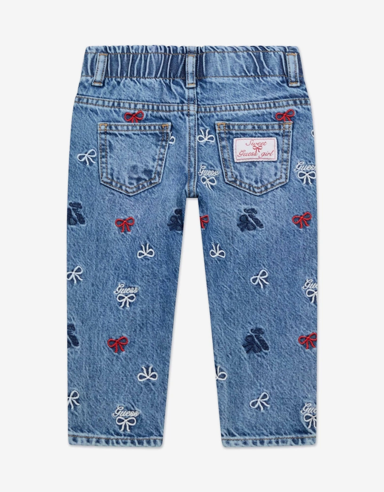 Girls Embroidered Bow Mom Jeans in Blue