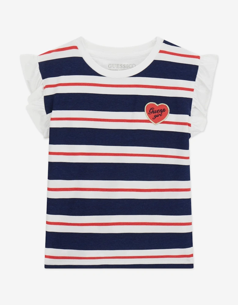 Girls Striped Logo T-Shirt in Navy