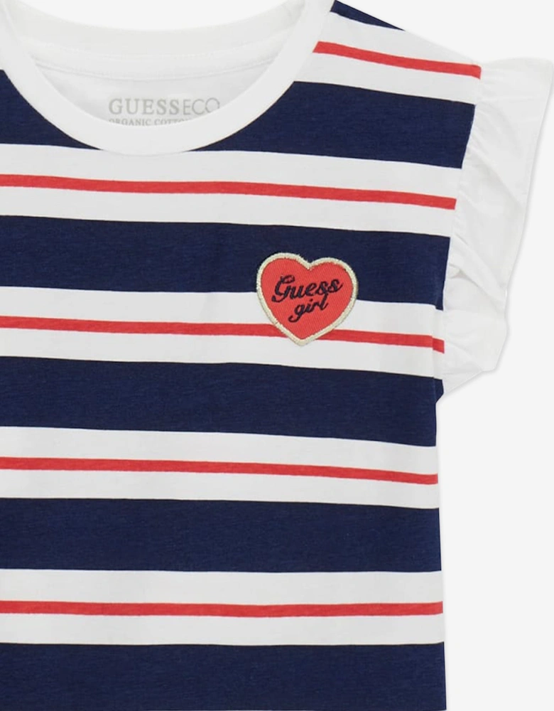 Girls Striped Logo T-Shirt in Navy