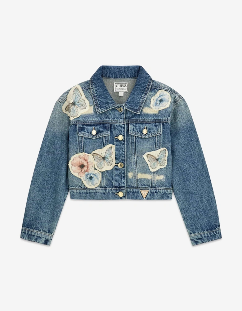 Girls Flower and Butterfly Denim Jacket in Blue
