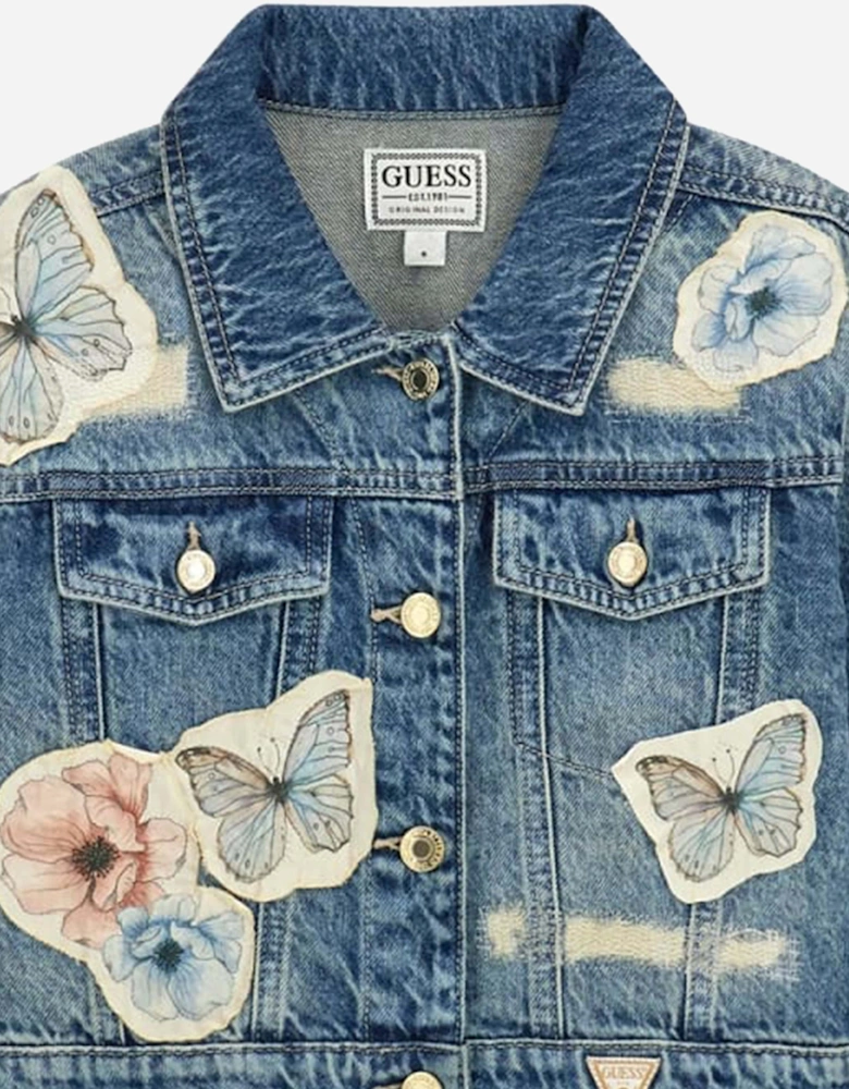 Girls Flower and Butterfly Denim Jacket in Blue