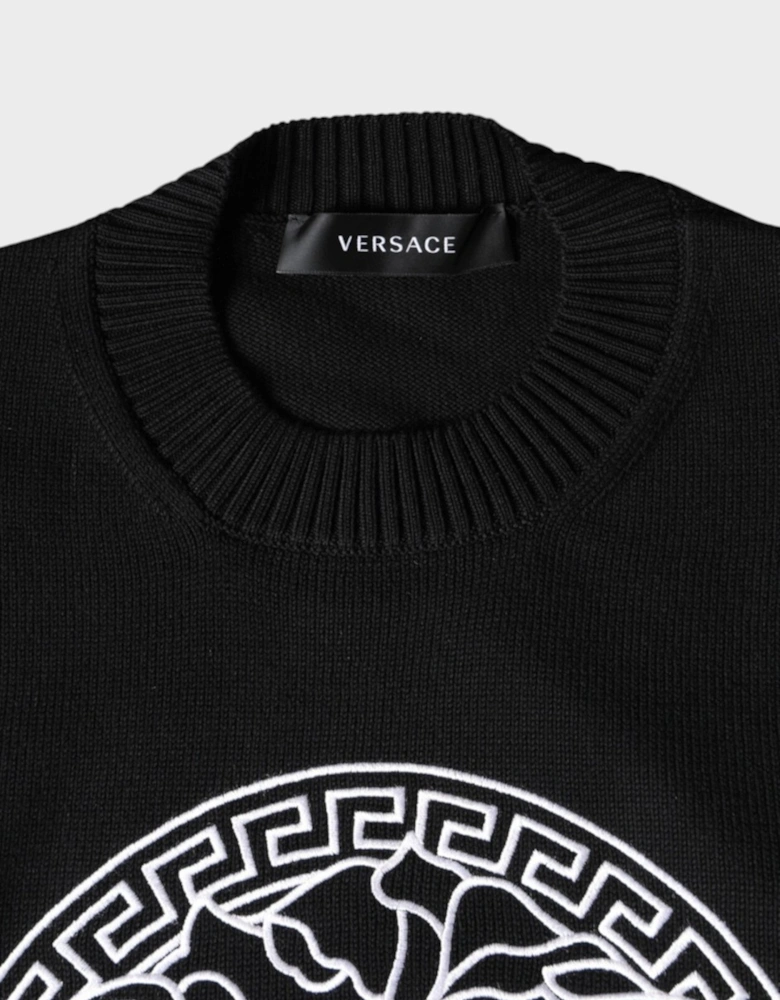 Sweater Medusa Embroidery Crew Neck Pullover Black